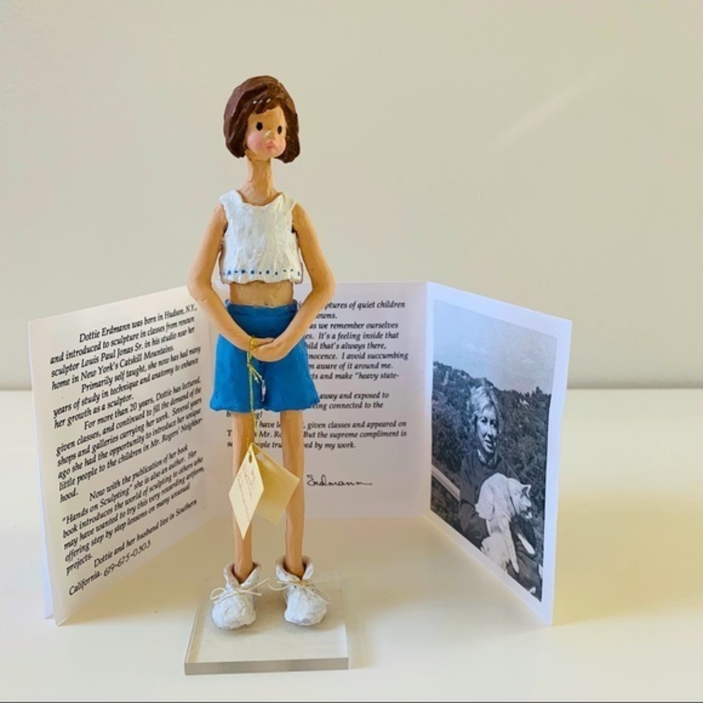 DOTTIE ERDMANN Brunette Girl Figurine 1998 Signed Original Pamphlet Blue White